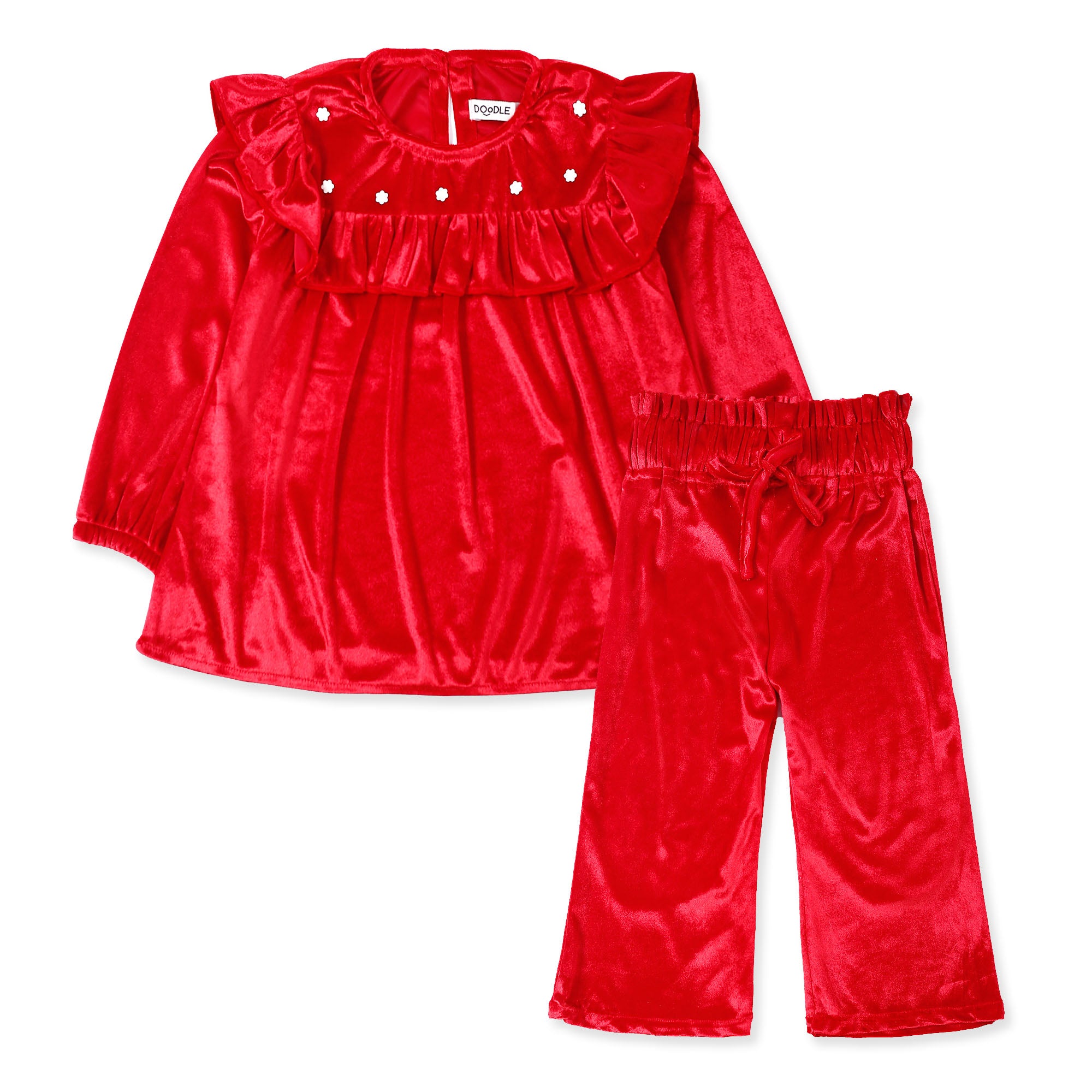 Red 2Pc Velvet Frock with Trousers