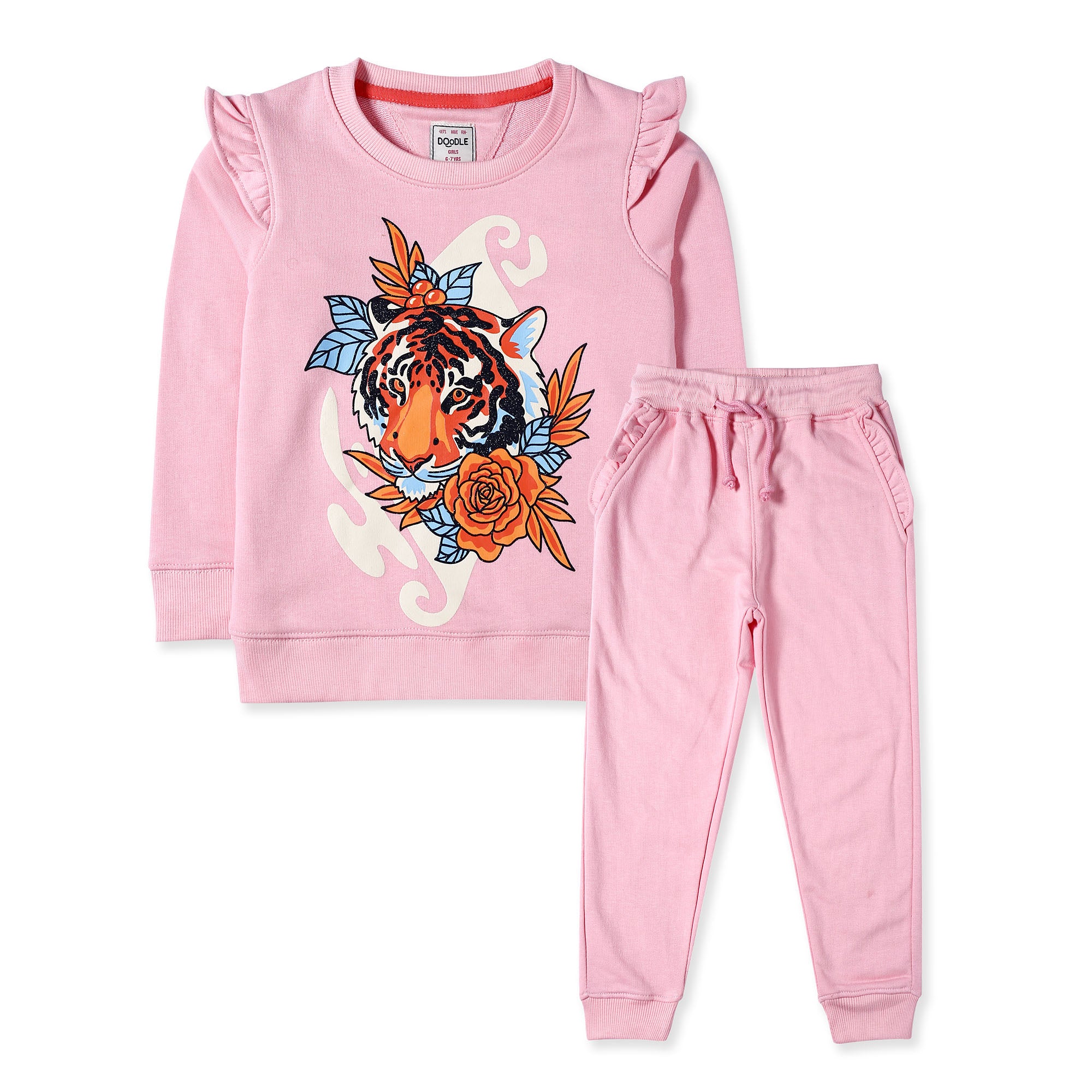 Pink 2Pc Lion Graphic Frilled Sweatshirt with Trousers