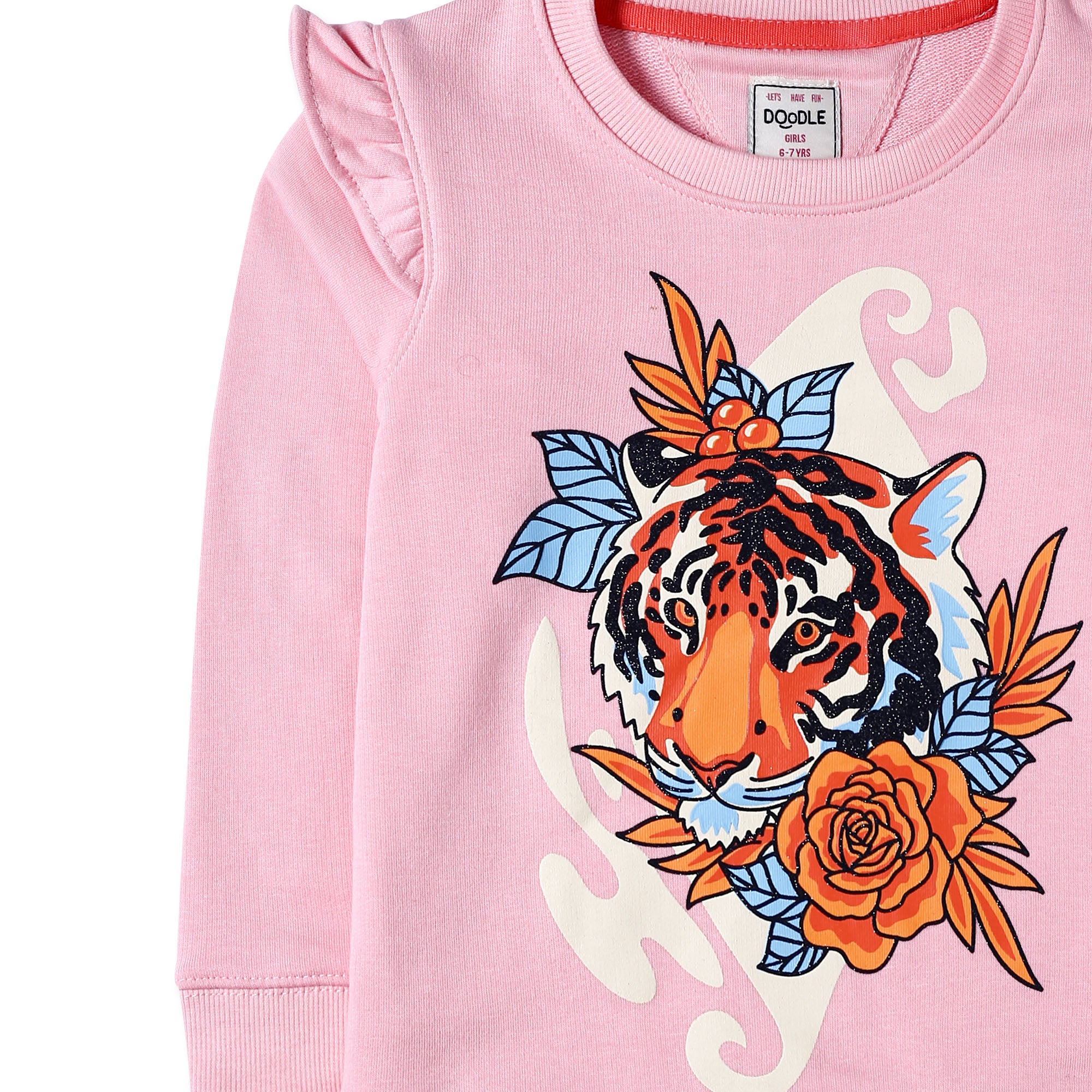 Pink 2Pc Lion Graphic Frilled Sweatshirt with Trousers