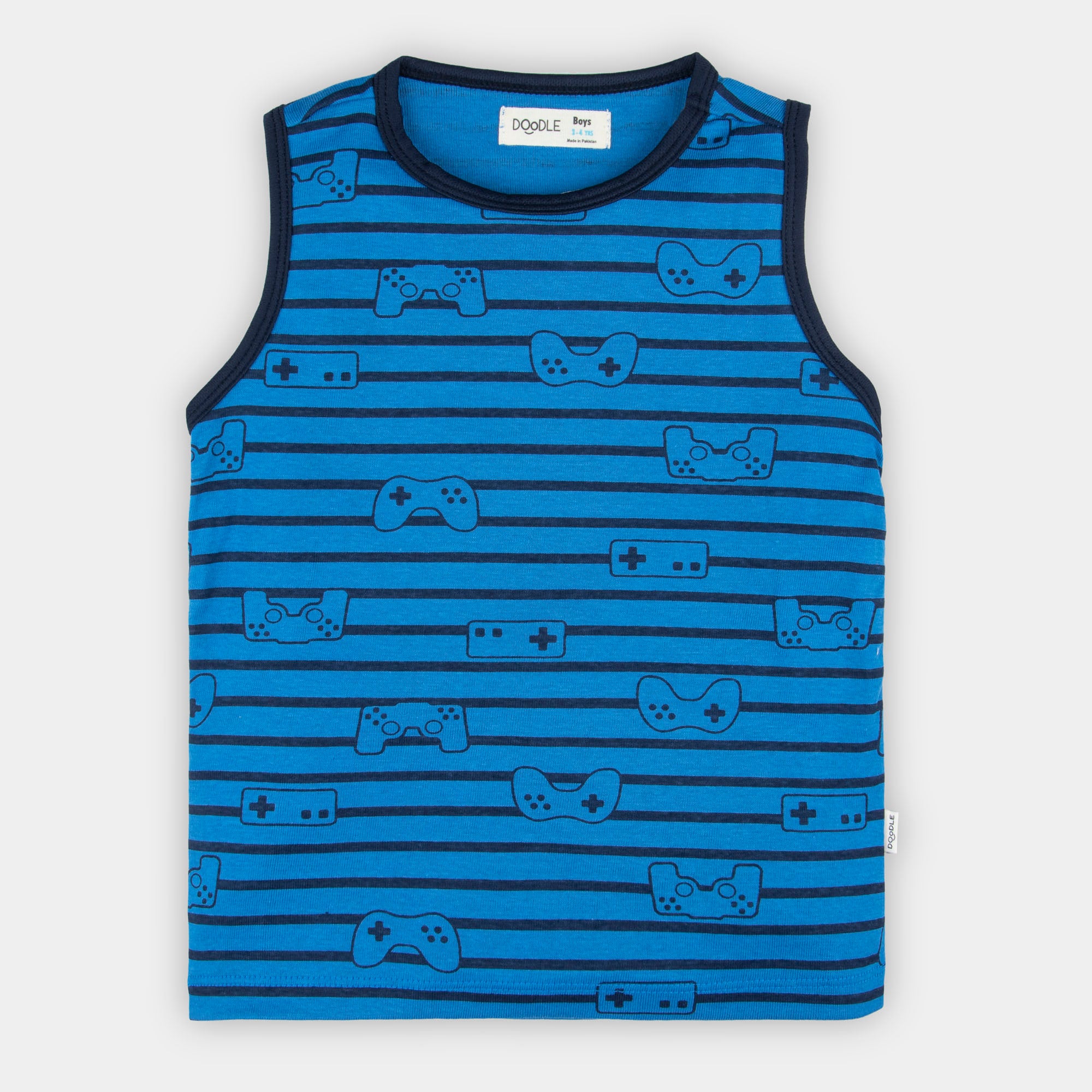 Blue Printed & Lining Sleeveless T-Shirt